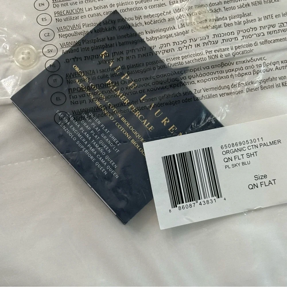 Polo Ralph Lauren Organic Cotton Percale Queen Flat Sheet Palmer NEW White Blue
